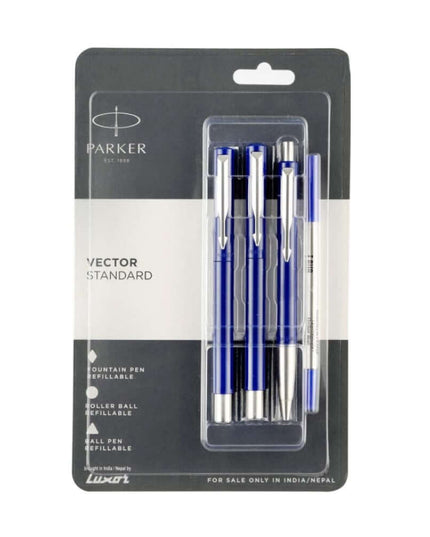 Parker Vector Standard Ball Pen, Roller Ball Pen and Fountain Pen Set | Ink Colour - Blue