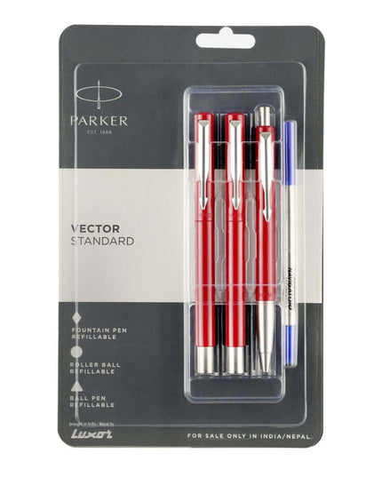 Parker Vector Standard Ball Pen, Roller Ball Pen and Fountain Pen Set | Ink Colour - Blue