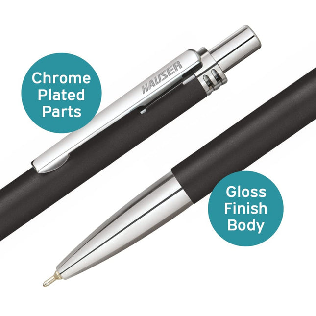 Hauser Vesta Ball Pen | Ink Colour - Blue with chrome plated parts and gloss finish body.