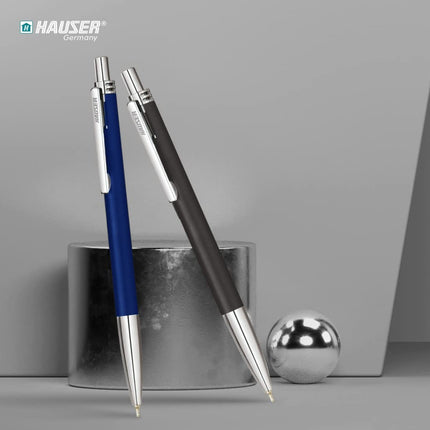 Hauser Vesta Ball Pen | Ink Colour - Blue and black pens displayed against a minimalist background.