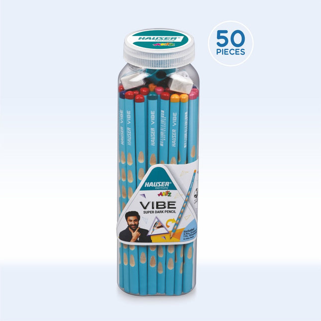 Hauser Artz Vibe Super Dark Pencils in a 50-piece container, featuring an ergonomic design for artists and students.