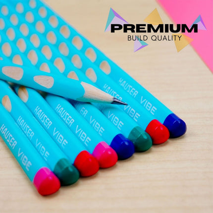 Hauser Artz Vibe colored pencils showcasing premium build quality on a colorful background.