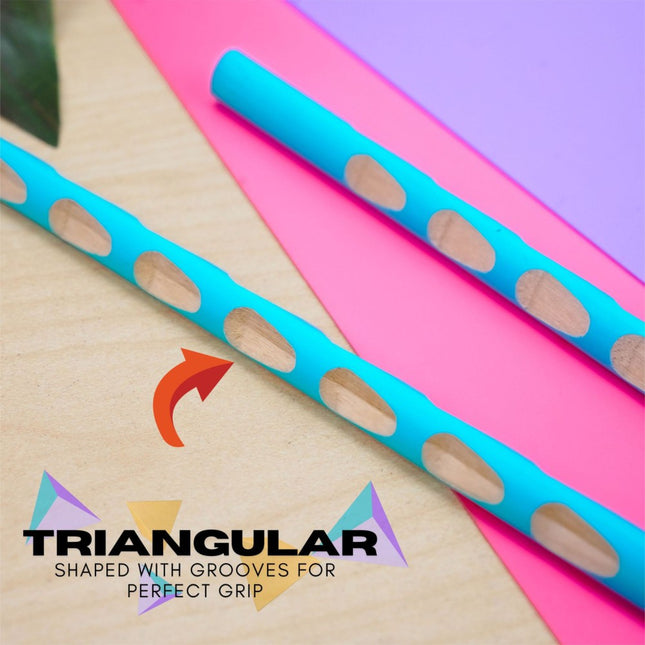 Triangular pencil with grooves for perfect grip, set against colorful background elements.