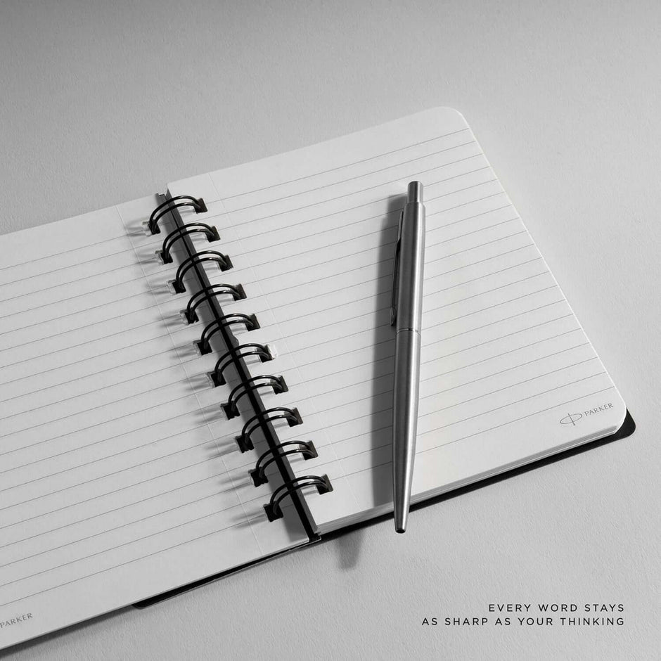 Parker Premium Wiro Note Book Silver | Single Subject | Size - 10.8cm x 14cm with a pen.