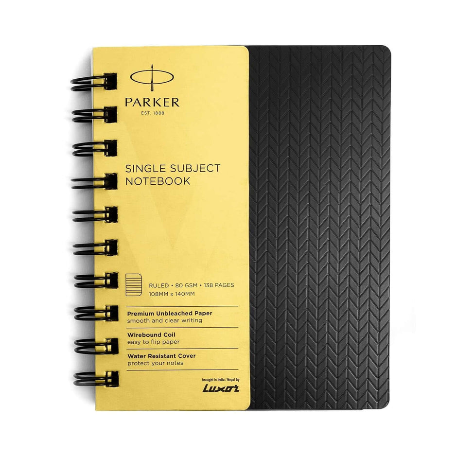 Parker Premium Wiro Note Book Gold | Single Subject | Size - 10.8cm x 14cm, wirebound notebook with premium features.