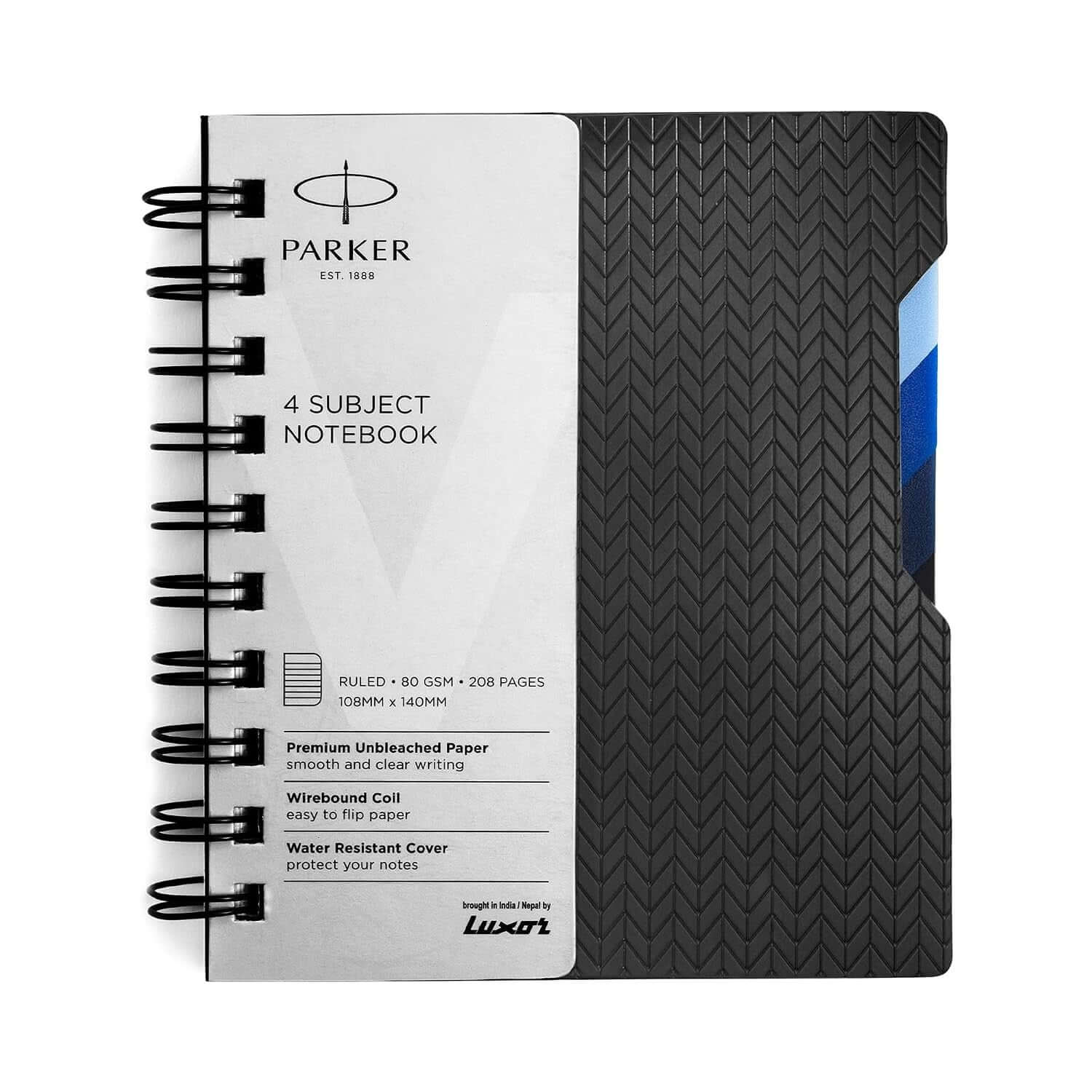 Parker Premium Wiro Note Book Silver with Blue Tabs | 4 Subject | Size - 10.8cm x 14cm - premium stationery