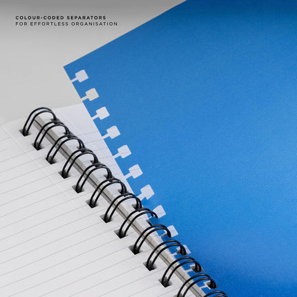 Parker Premium Wiro Note Book Silver with Blue Tabs | 4 Subject | Size - 10.8cm x 14cm showing blue tabbed separators.