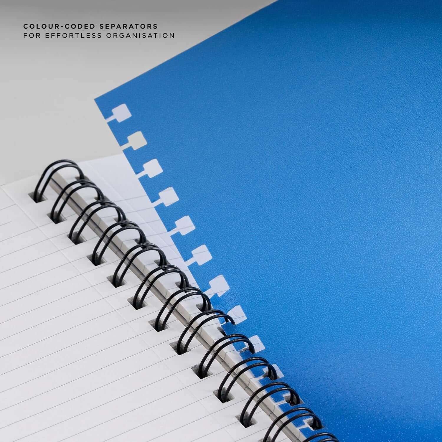 Parker Premium Wiro Note Book Silver with Blue Tabs | 4 Subject | Size - 10.8cm x 14cm showing blue tabbed separators.