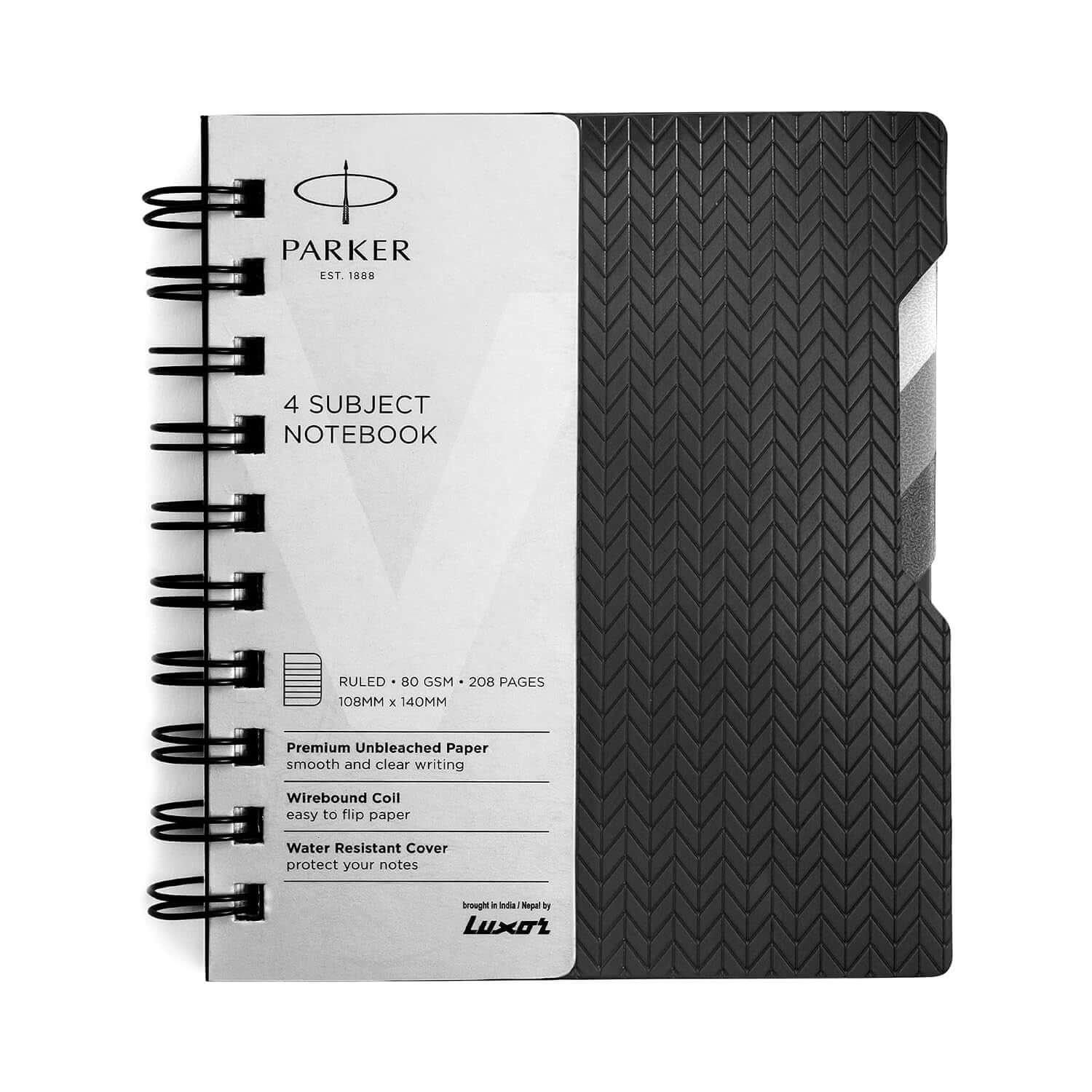 Parker Premium Wiro Note Book Silver with Black & Grey Tabs | 4 Subject | Size - 10.8cm x 14cm