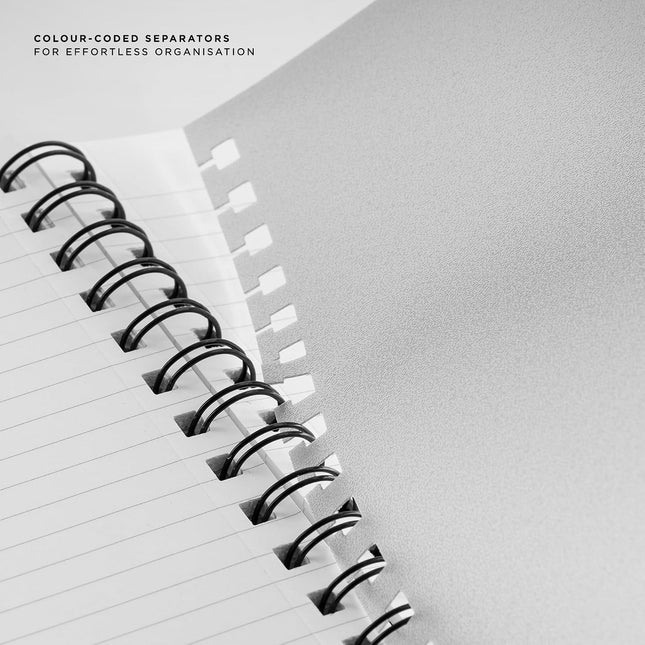 Parker Premium Wiro Note Book Silver with Black & Grey Tabs | 4 Subject | Size - 10.8cm x 14cm showing colour-coded separators.