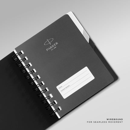 Parker Premium Wiro Note Book Silver with Black & Grey Tabs | 4 Subject | Size - 10.8cm x 14cm open view showing wirebound design