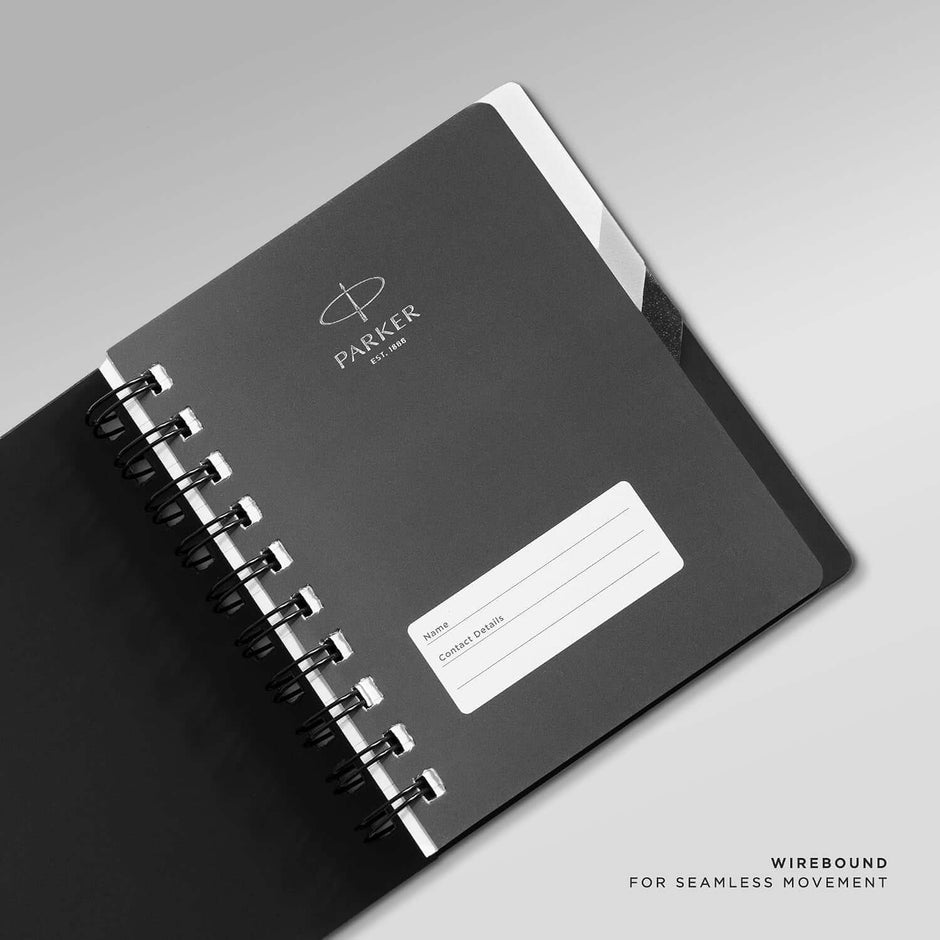 Parker Premium Wiro Note Book Silver with Black & Grey Tabs | 4 Subject | Size - 10.8cm x 14cm open view showing wirebound design