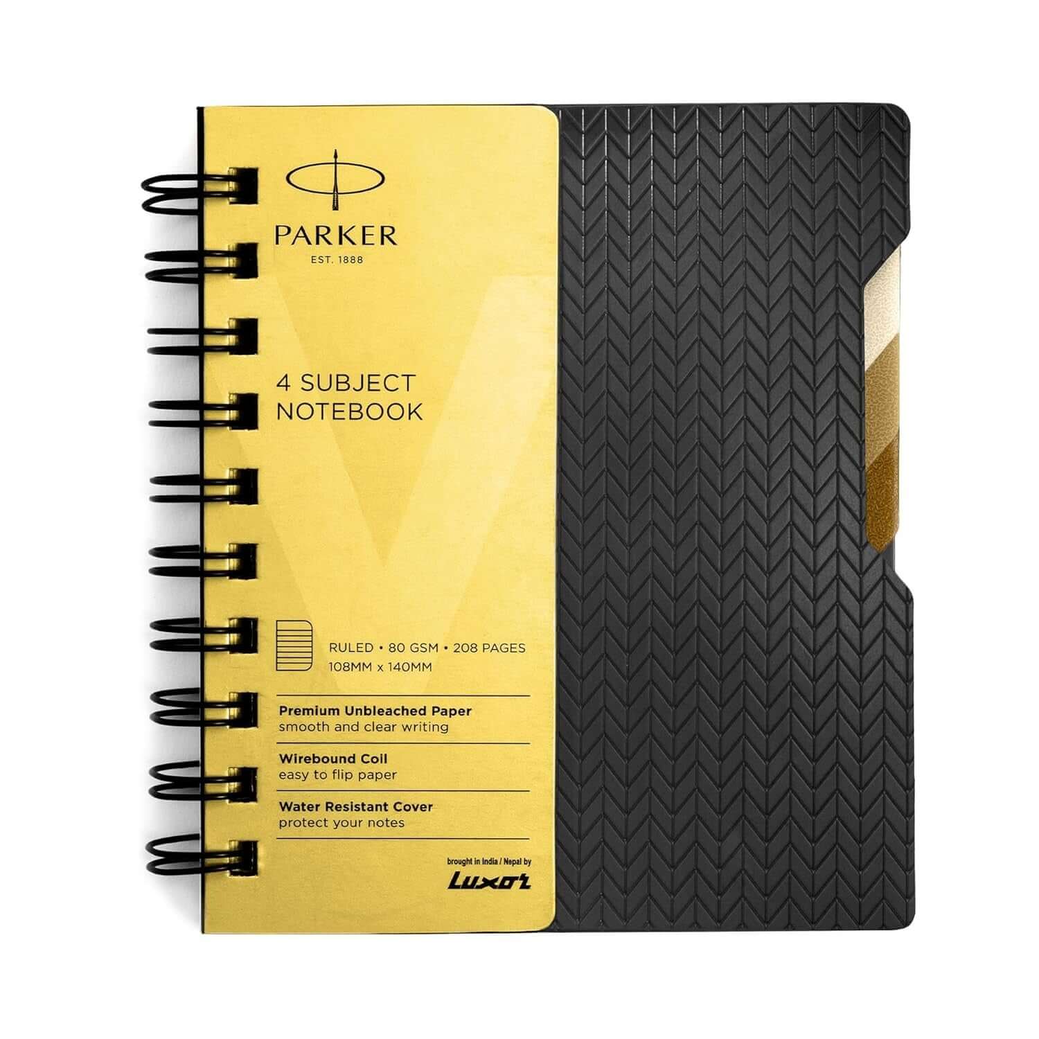 Parker Premium Wiro Note Book Gold with Taupe Tabs | 4 Subject | Size - 10.8cm x 14cm