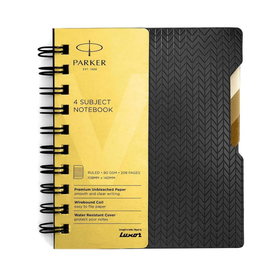 Parker Premium Wiro Note Book Gold with Taupe Tabs | 4 Subject | Size - 10.8cm x 14cm