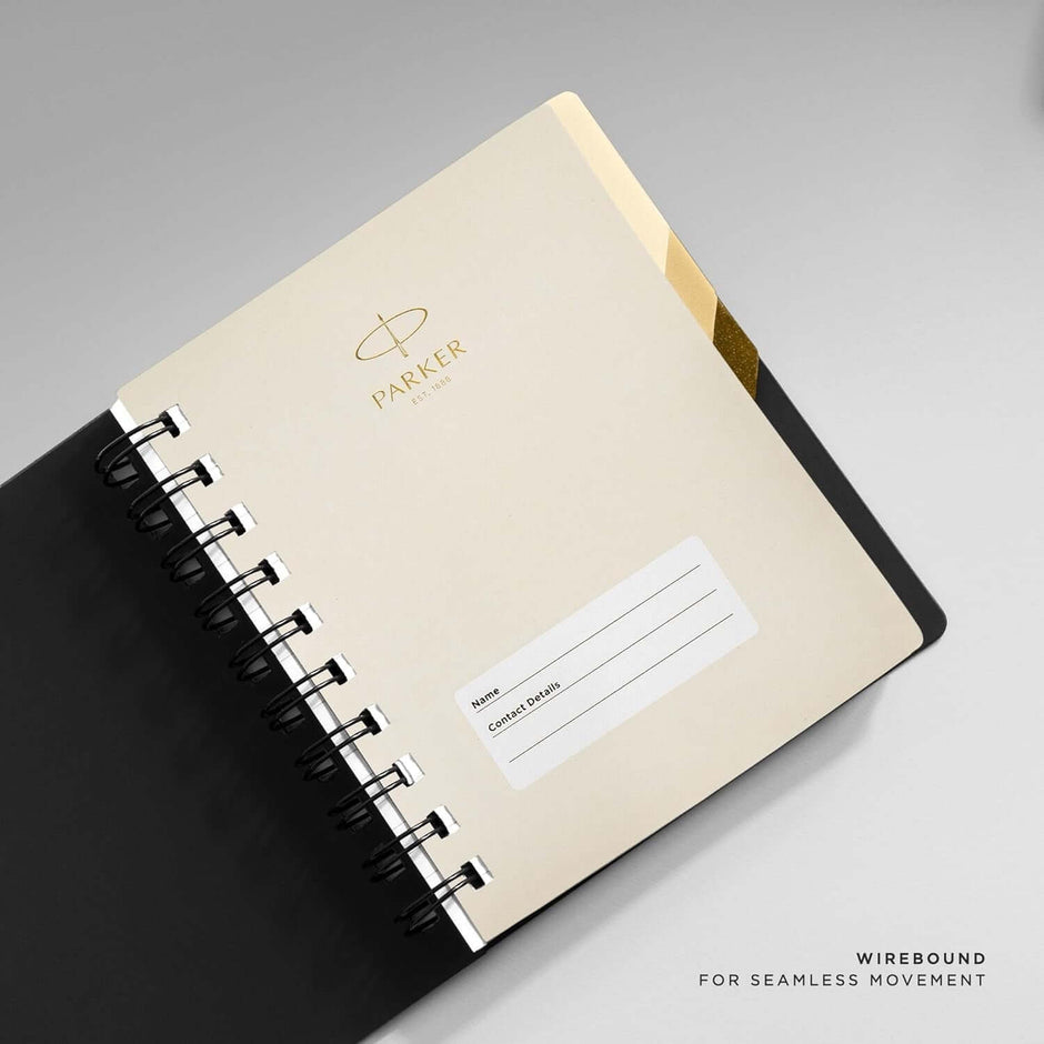 Parker Premium Wiro Note Book Gold with Taupe Tabs | 4 Subject | Size - 10.8cm x 14cm open pages