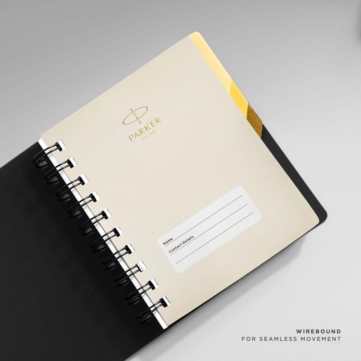 Parker Premium Wiro Note Book Gold with Ochre Tabs | 4 Subject | Size - 10.8cm x 14cm open page view