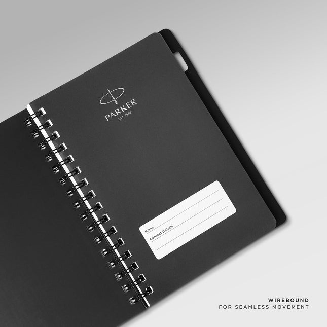 Parker Premium Wiro Note Book Silver | Single Subject | Size - 17.6cm x 25cm open showing wirebound design.