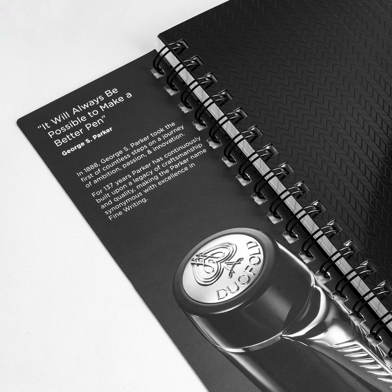 Parker Premium Wiro Note Book Silver with Black & Grey Tabs | 4 Subject | Size - 14cm x 21.6cm inside view with quote.