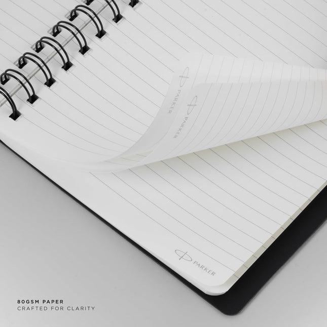 Parker Premium Wiro Note Book Gold with Taupe Tabs | 4 Subject | Size - 14cm x 21.6cm showcasing lined pages.