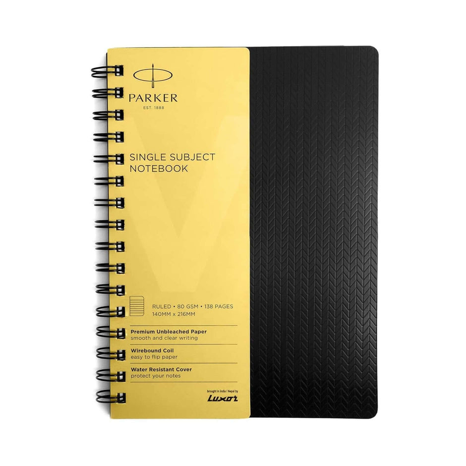 Parker Premium Wiro Note Book Gold | Single Subject | Size - 14cm x 21.6cm - yellow cover, spiral binding, 138 pages.