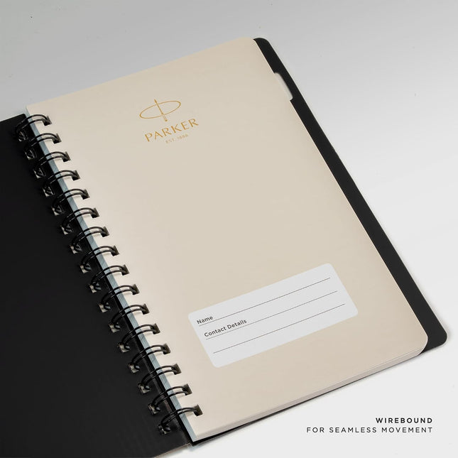 Parker Premium Wiro Note Book Gold | Single Subject | Size - 17.6cm x 25cm open showing pages and wirebound design.