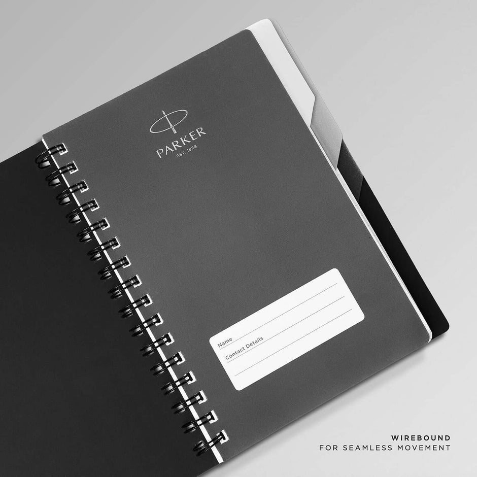 Parker Premium Wiro Note Book Silver with Black & Grey Tabs | 4 Subject | Size - 14cm x 21.6cm open view with wirebound design.