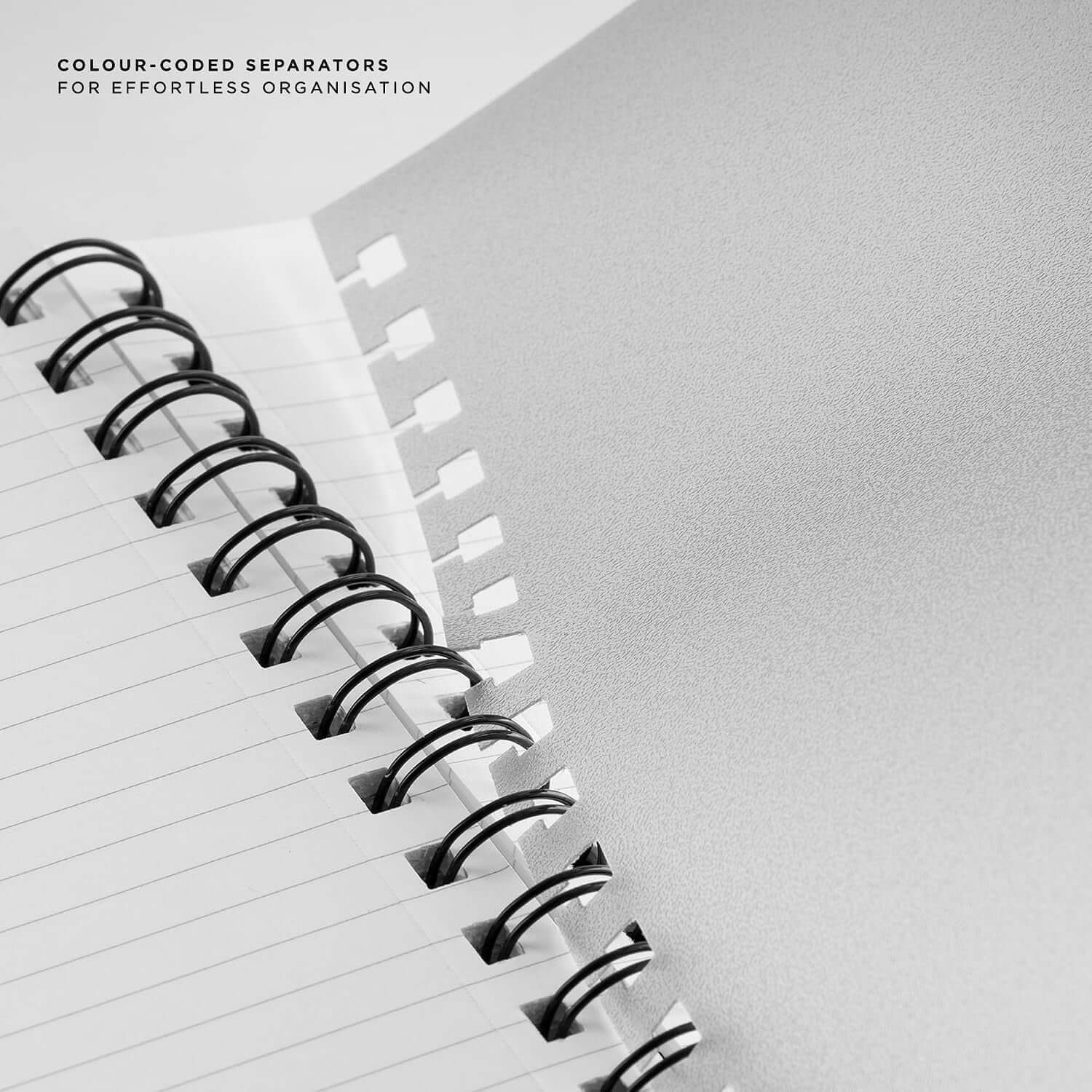Parker Premium Wiro Note Book Silver with Black & Grey Tabs | 4 Subject | Size - 14cm x 21.6cm showing colour-coded separators.