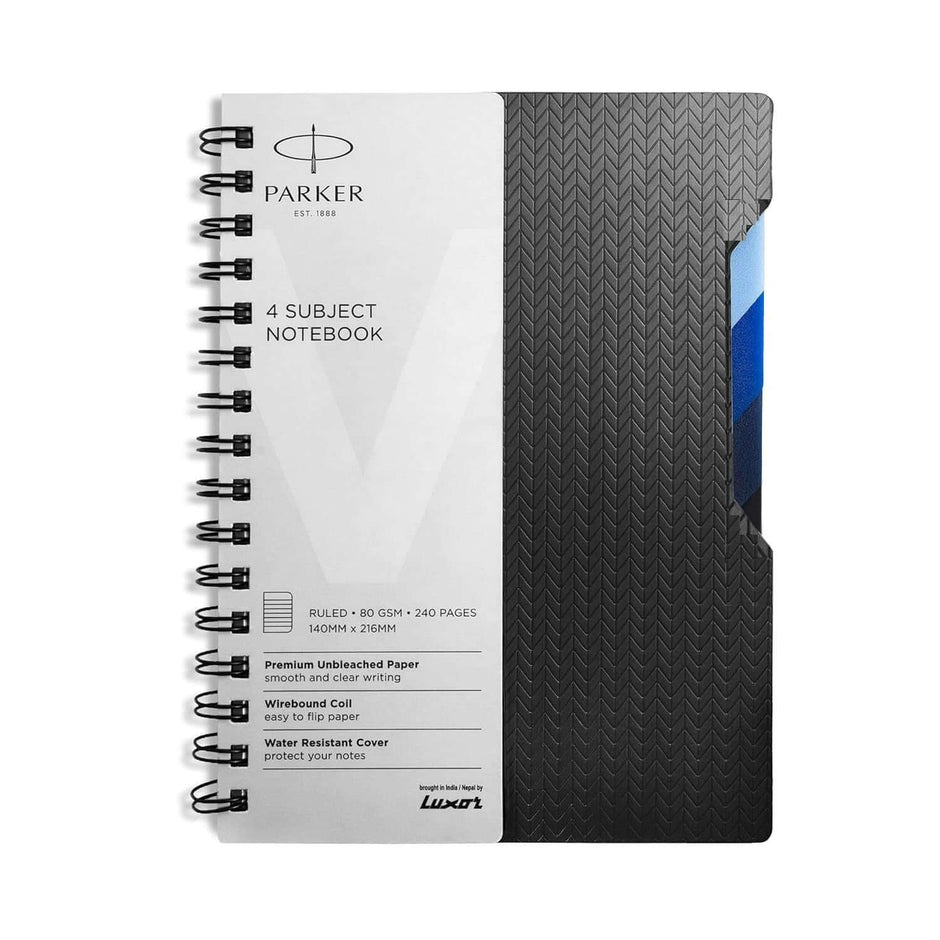 Parker Premium Wiro Note Book Silver with Blue Tabs | 4 Subject | Size - 14cm x 21.6cm.