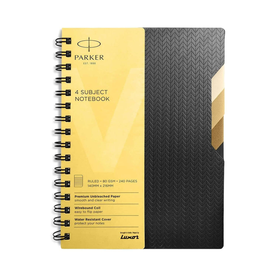 Parker Premium Wiro Note Book Gold with Taupe Tabs | 4 Subject | Size - 14cm x 21.6cm