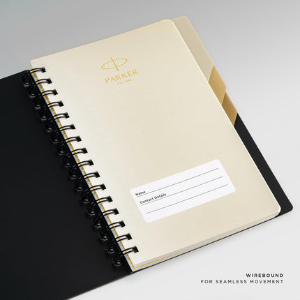 Parker Premium Wiro Note Book Gold with Taupe Tabs | 4 Subject | Size - 14cm x 21.6cm open showing cover and wirebound design.