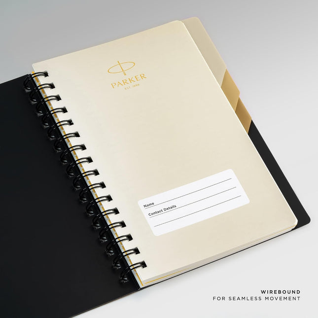Parker Premium Wiro Note Book Gold with Taupe Tabs | 4 Subject | Size - 14cm x 21.6cm open showing cover and wirebound design.