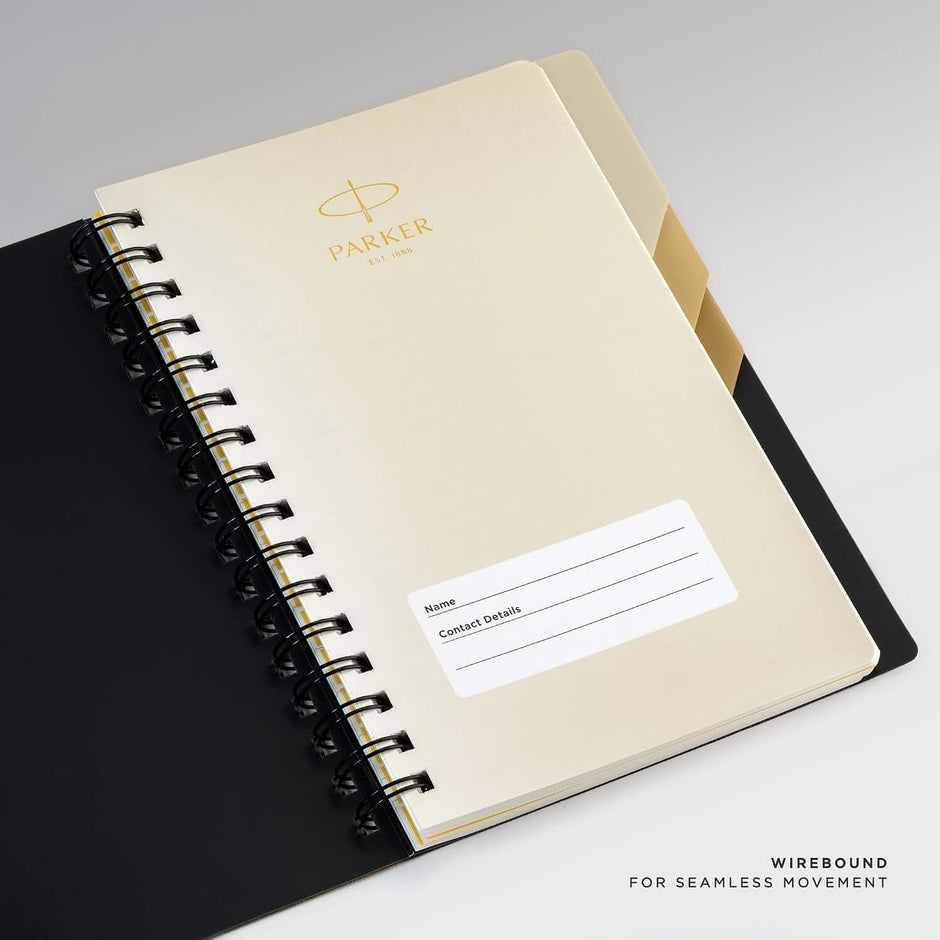 Parker Premium Wiro Note Book Gold with Taupe Tabs | 4 Subject | Size - 14cm x 21.6cm open showing cover and wirebound design.