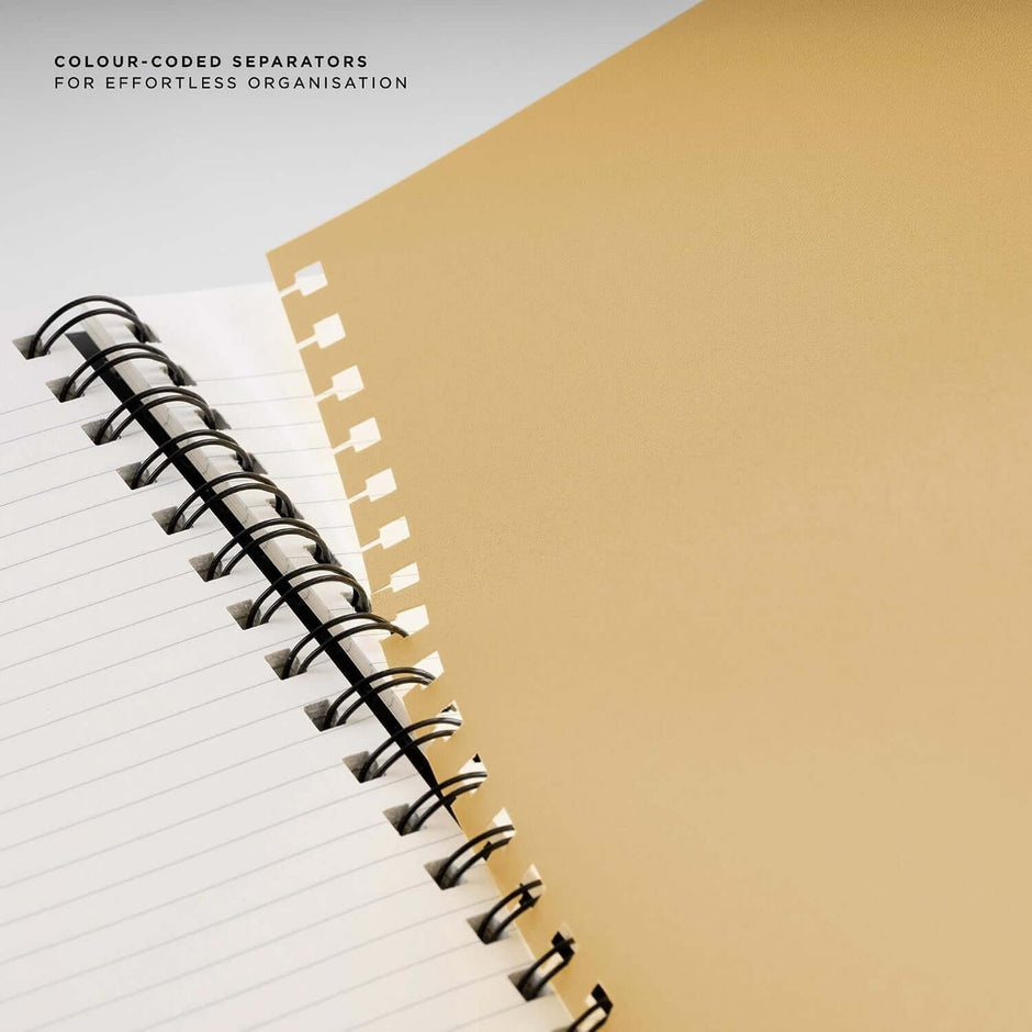 Parker Premium Wiro Note Book Gold with Taupe Tabs | 4 Subject | Size - 14cm x 21.6cm showing colour-coded separators.
