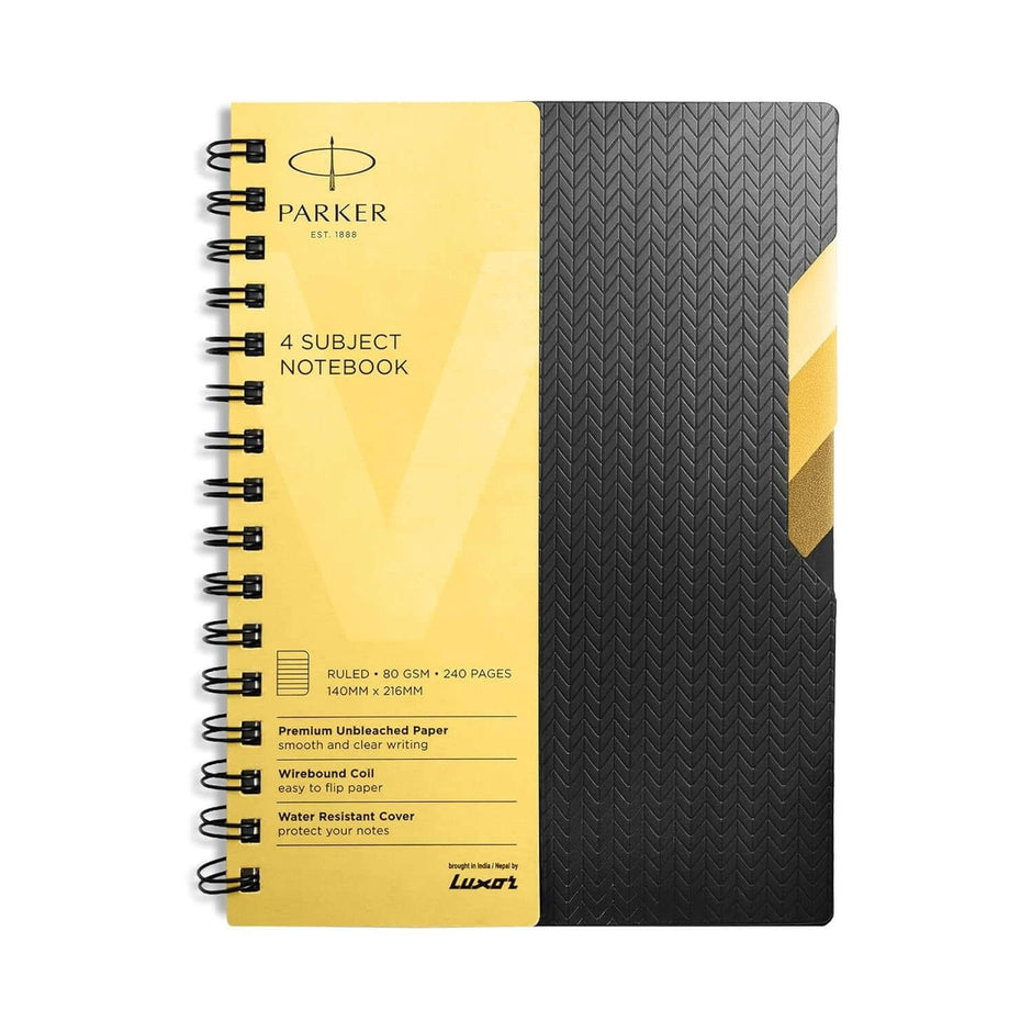 Parker Premium Wiro Note Book Gold with Ochre Tabs | 4 Subject | Size - 14cm x 21.6cm