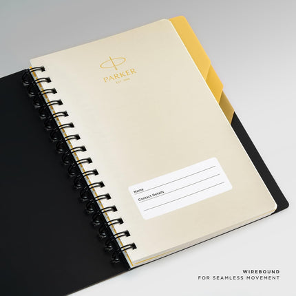 Parker Premium Wiro Note Book Gold with Ochre Tabs | 4 Subject | Size - 14cm x 21.6cm open showing wirebound and inside design.