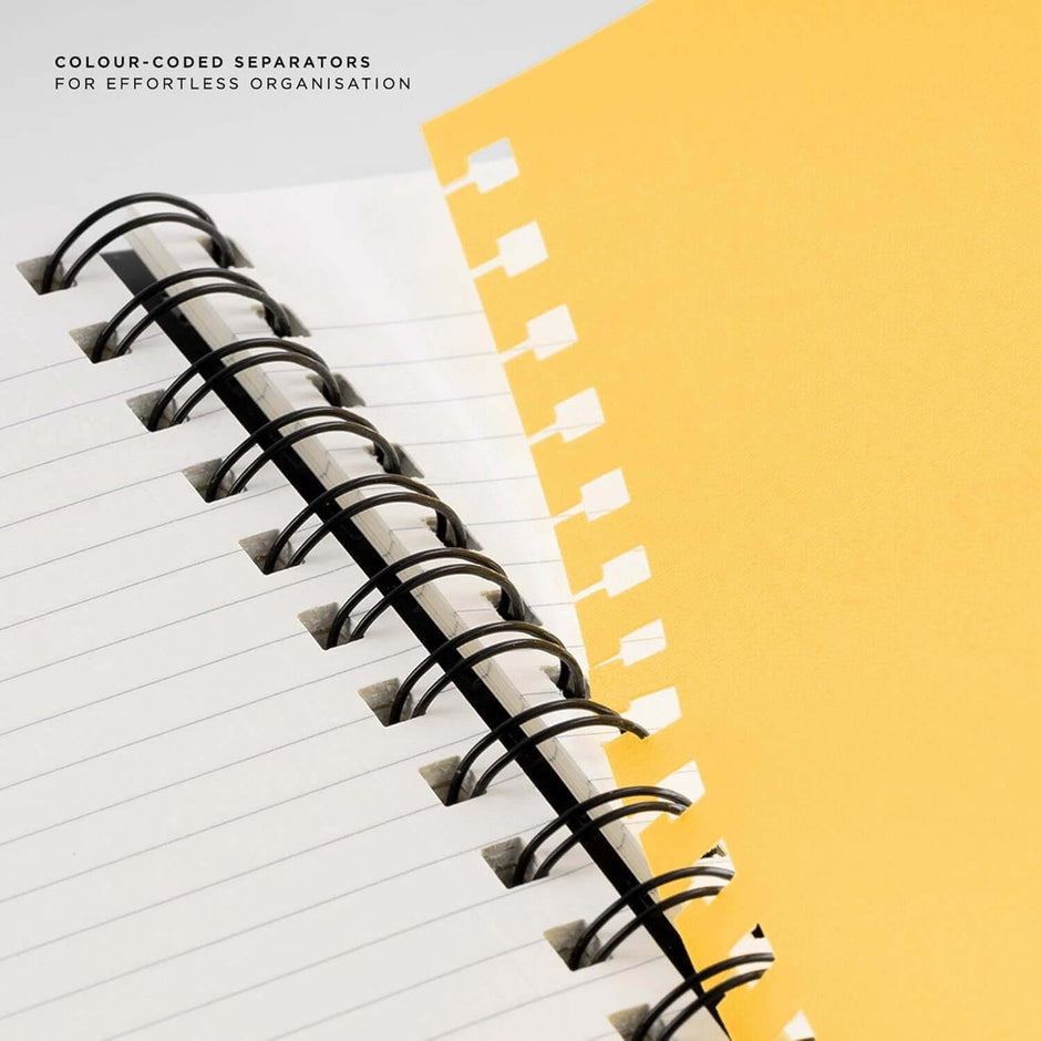 Parker Premium Wiro Note Book Gold with Ochre Tabs | 4 Subject | Size - 14cm x 21.6cm showcasing colour-coded separators.