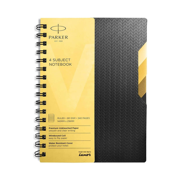 Parker Premium Wiro Note Book Gold with Ochre Tabs | 4 Subject | Size - 14cm x 21.6cm