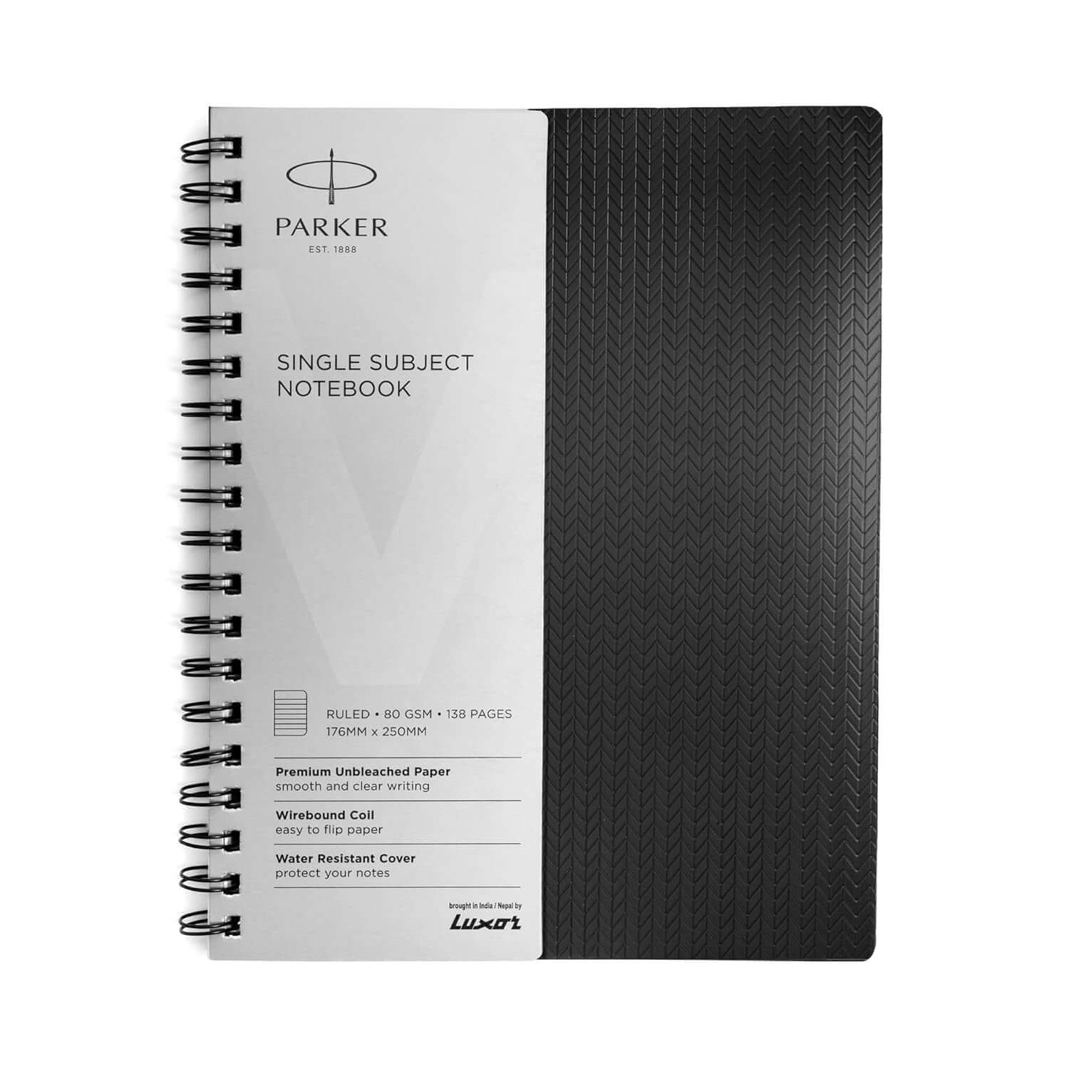 Parker Premium Wiro Note Book Silver | Single Subject | Size - 17.6cm x 25cm with 138 pages and water-resistant cover.