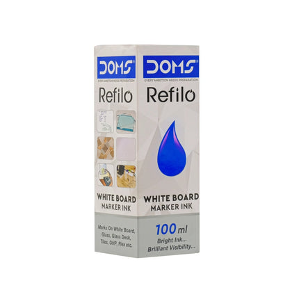 DOMS White Board Marker Ink packaging, 100 ml, designed for whiteboards and various surfaces with bright visibility.