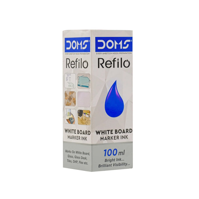 DOMS White Board Marker Ink packaging, 100 ml, designed for whiteboards and various surfaces with bright visibility.