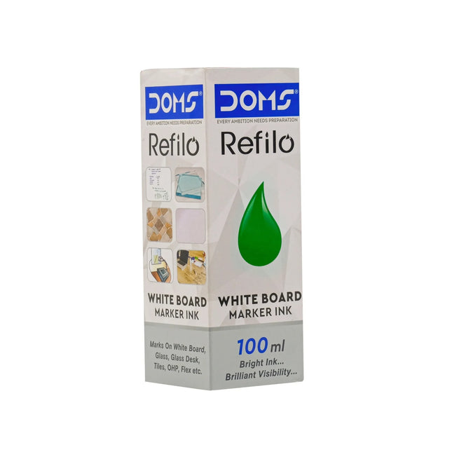 DOMS White Board Marker Ink 100 ml packaging with green drop design for vibrant writing on various surfaces.