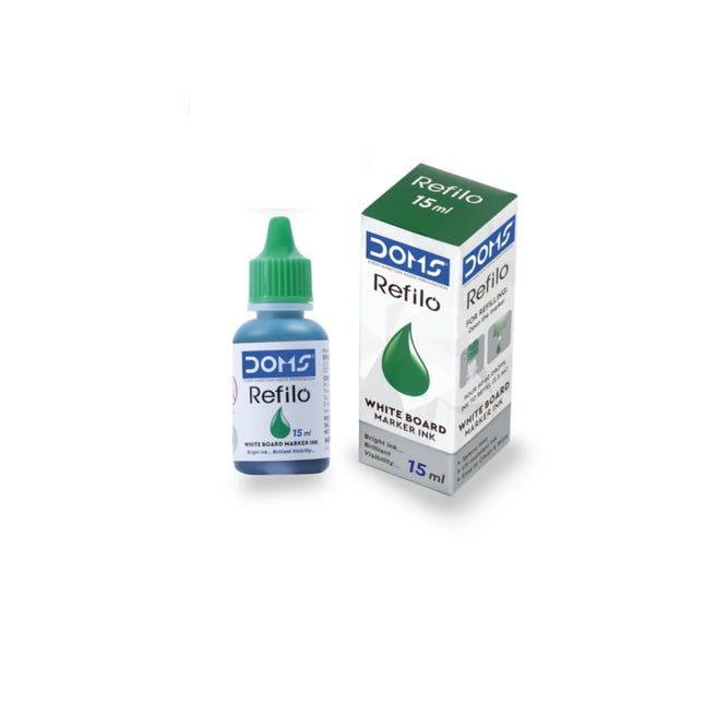 DOMS White Board Marker Ink in a 15 ml bottle with green ink for refillable markers.