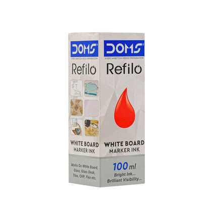 DOMS White Board Marker Ink 100 ml refillable packaging for vibrant, fade-resistant color on various surfaces.