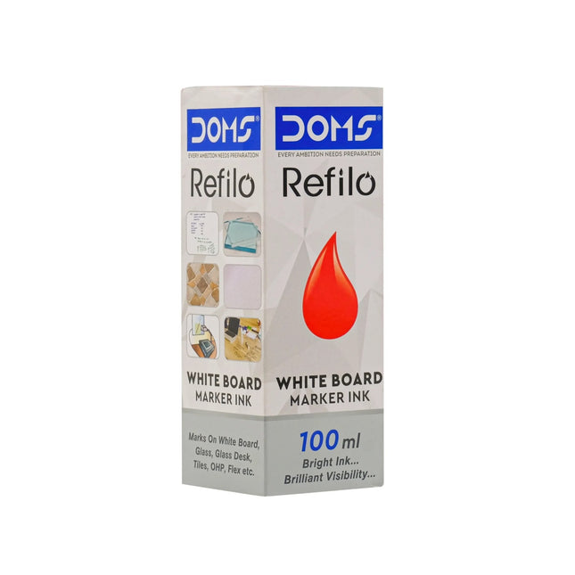 DOMS White Board Marker Ink 100 ml refillable packaging for vibrant, fade-resistant color on various surfaces.