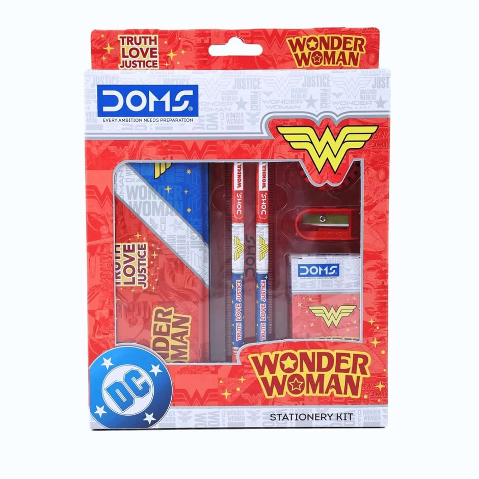 DOMS Wonder Woman Stationery Kit | Combination of 6 Stationery Items in a vibrant packaging design.