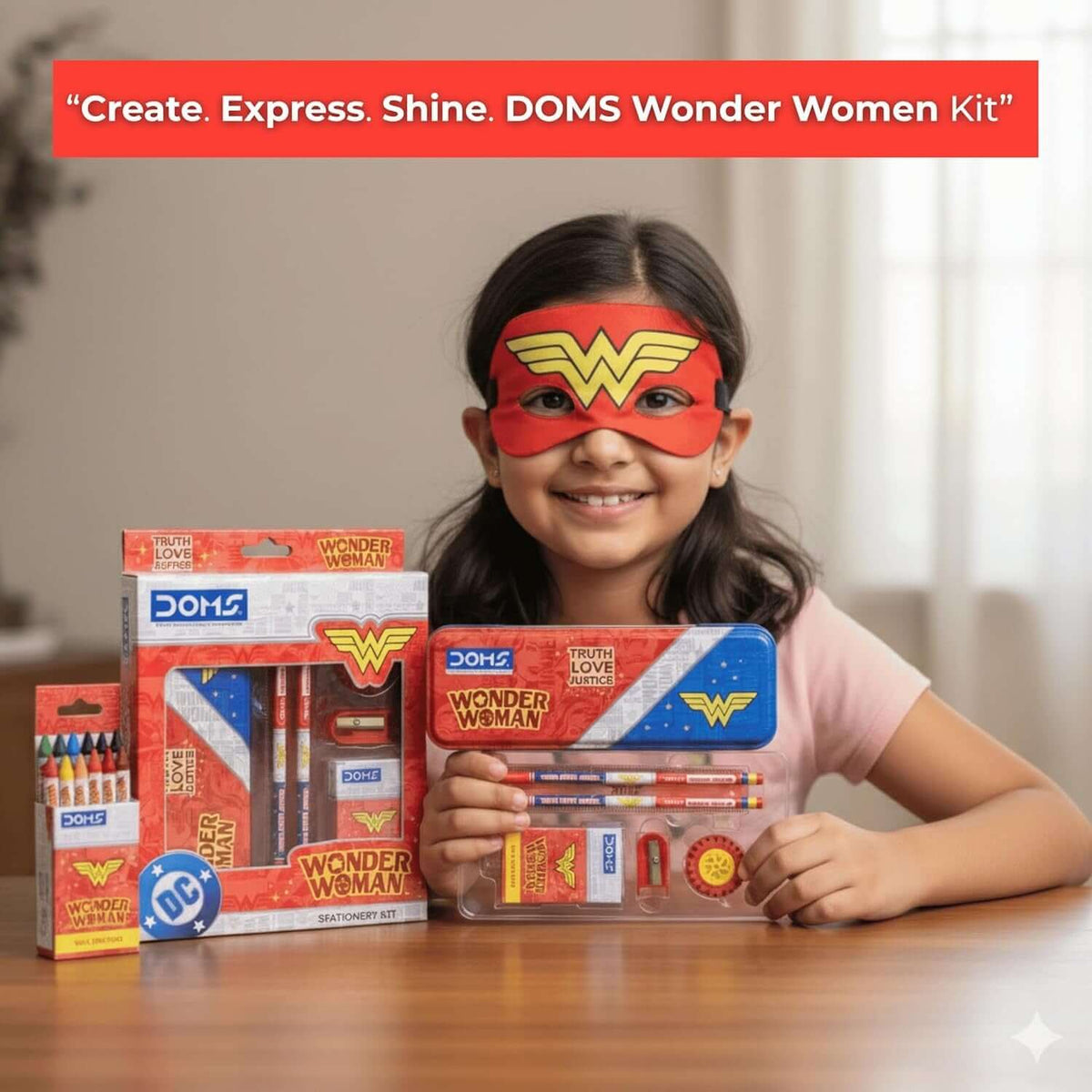 DOMS Wonder Woman Stationery Kit | Combination of 6 Stationery Items displayed with a child wearing Wonder Woman mask.