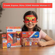 DOMS Wonder Woman Stationery Kit | Combination of 6 Stationery Items displayed with a child wearing Wonder Woman mask.