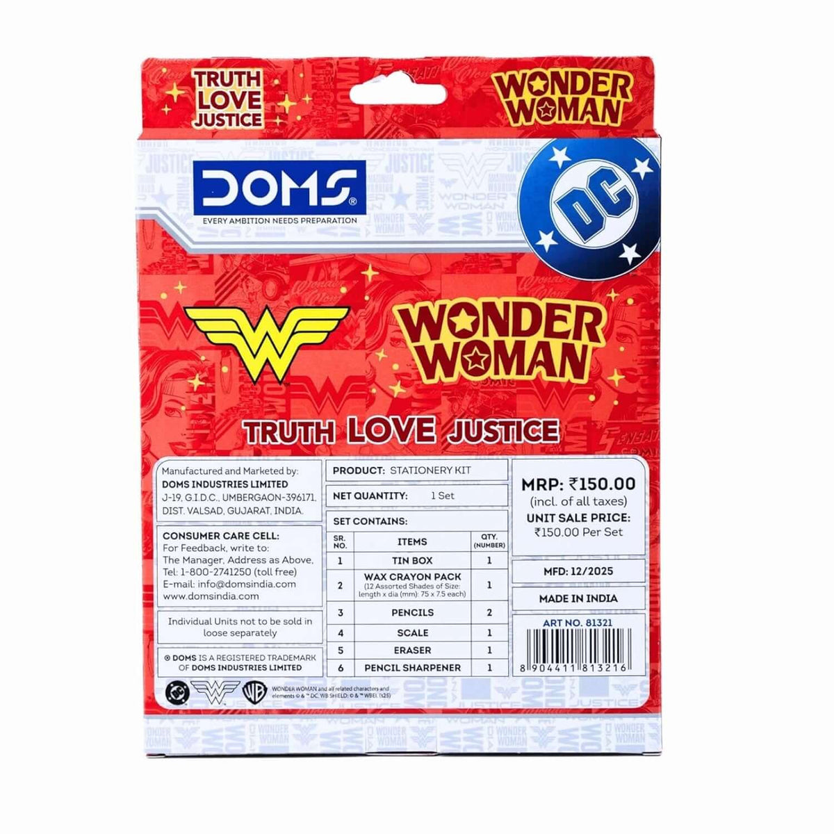 DOMS Wonder Woman Stationery Kit | Combination of 6 Stationery Items packaging with product details and pricing.