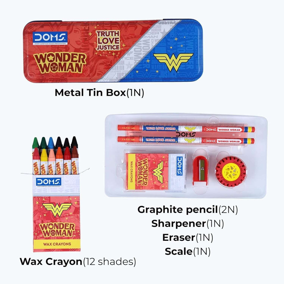 DOMS Wonder Woman Stationery Kit | Combination of 6 Stationery Items including crayons, pencils, eraser, sharpener, scale, and tin.