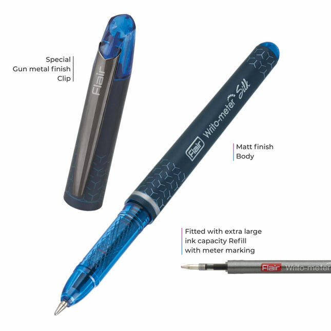 Flair Writometer Silk Ball Pen | Ink Colour - Blue and Black - Ergonomic design with matte body and gunmetal finish clip.